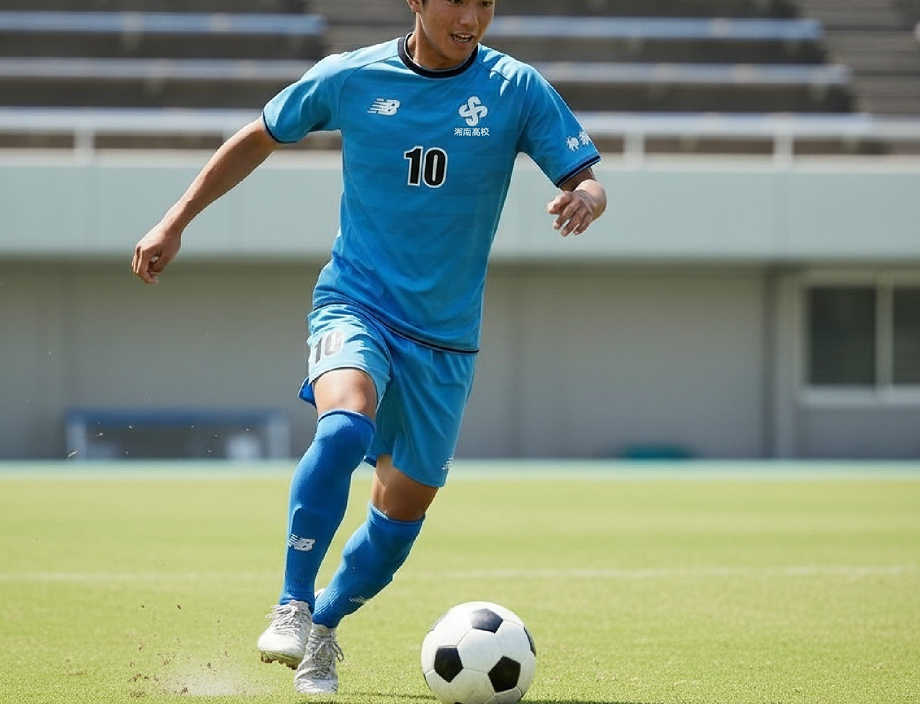 湘南高校サッカー部がユニフォームを着てドリブルしている
